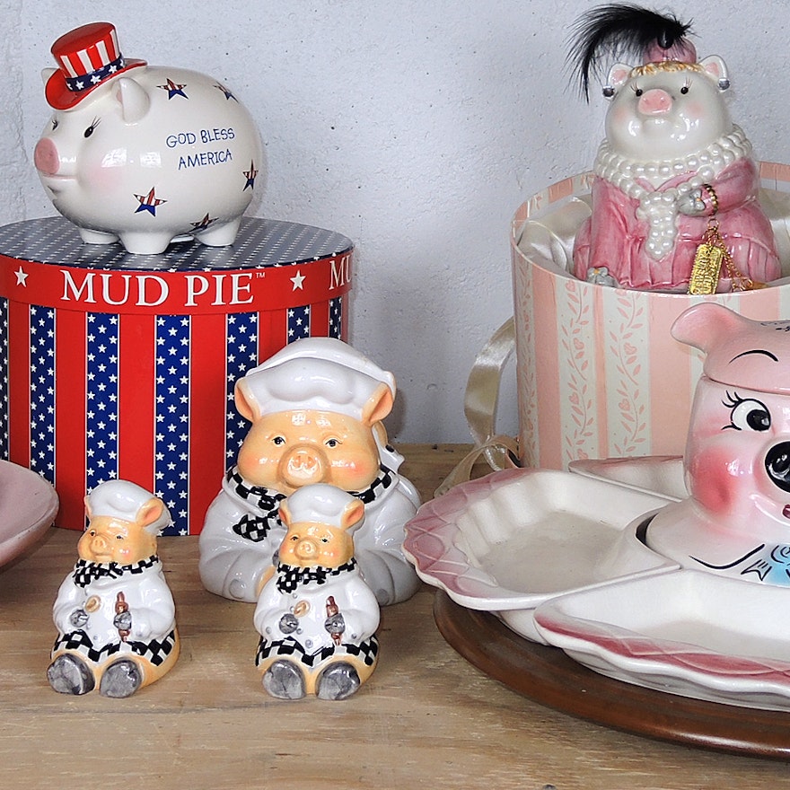 California Pottery Pink Pig Server with Piggy Banks, Salt and Pepper