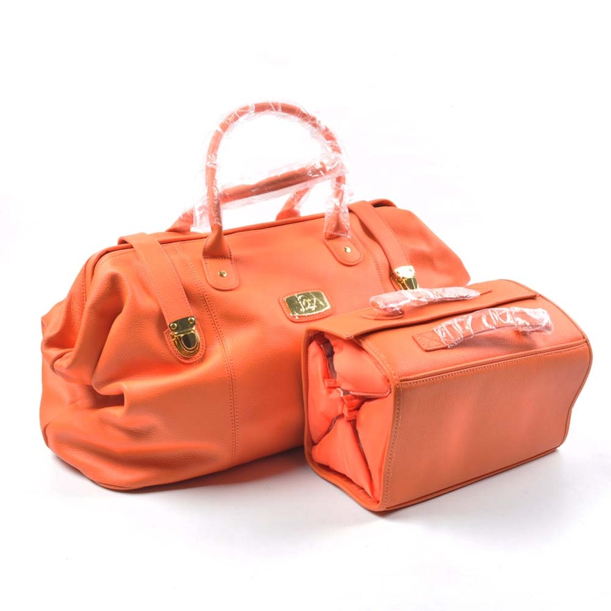 Orange Leather Joy Mangano Duffle with Better Beauty Case