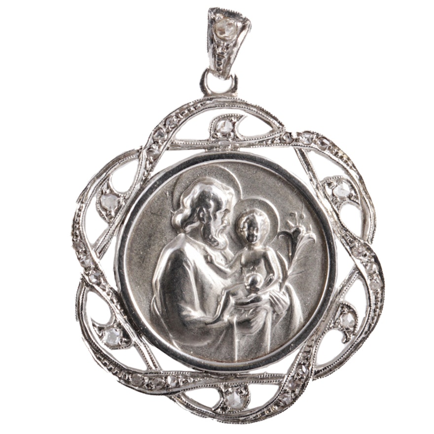 Vintage Platinum and Rose Cut Diamond St. Christopher Pendant