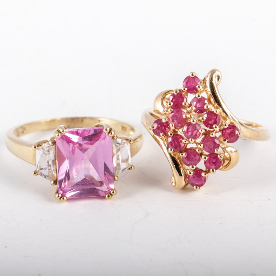 10K Yellow Gold and Ruby Waterfall Ring and 10K Ring with Cubic Zirconia