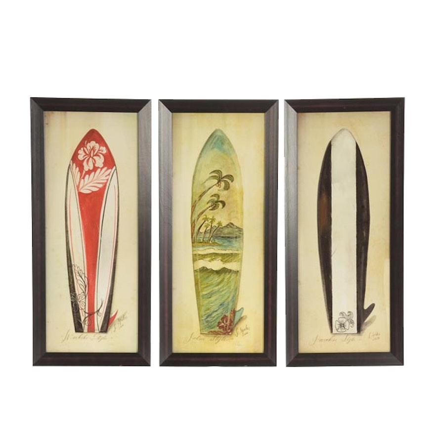 Three Kolene Spicher Signed Giclées of Hawaiian-Themed Surboards