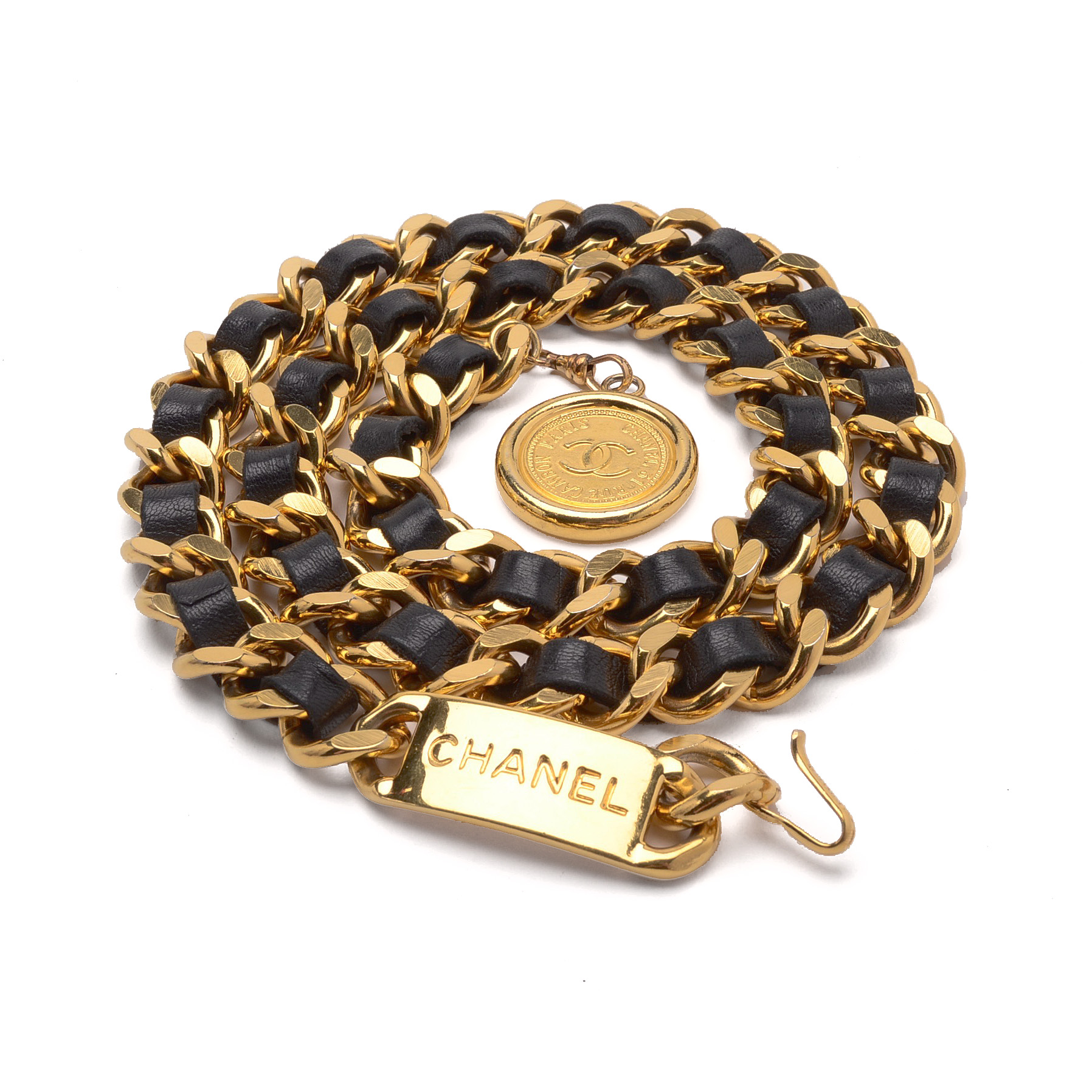 Chanel French Signature Couture Collection Black Leather Belt Necklace with CC Logo Medallion