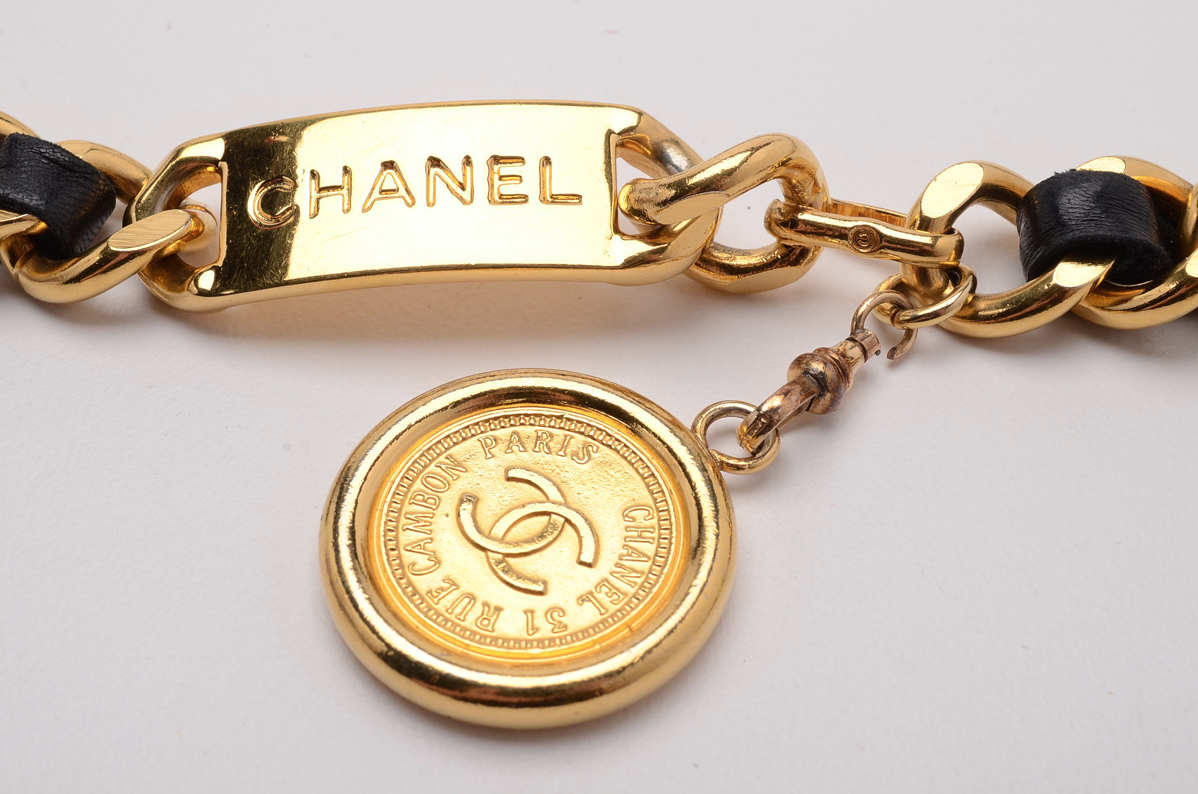 Chanel French Signature Couture Collection Black Leather Belt Necklace with CC Logo Medallion