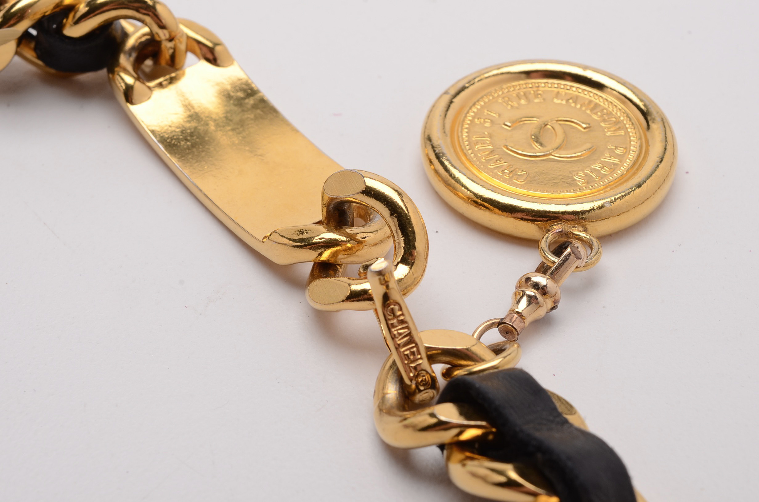 Chanel French Signature Couture Collection Black Leather Belt Necklace with CC Logo Medallion