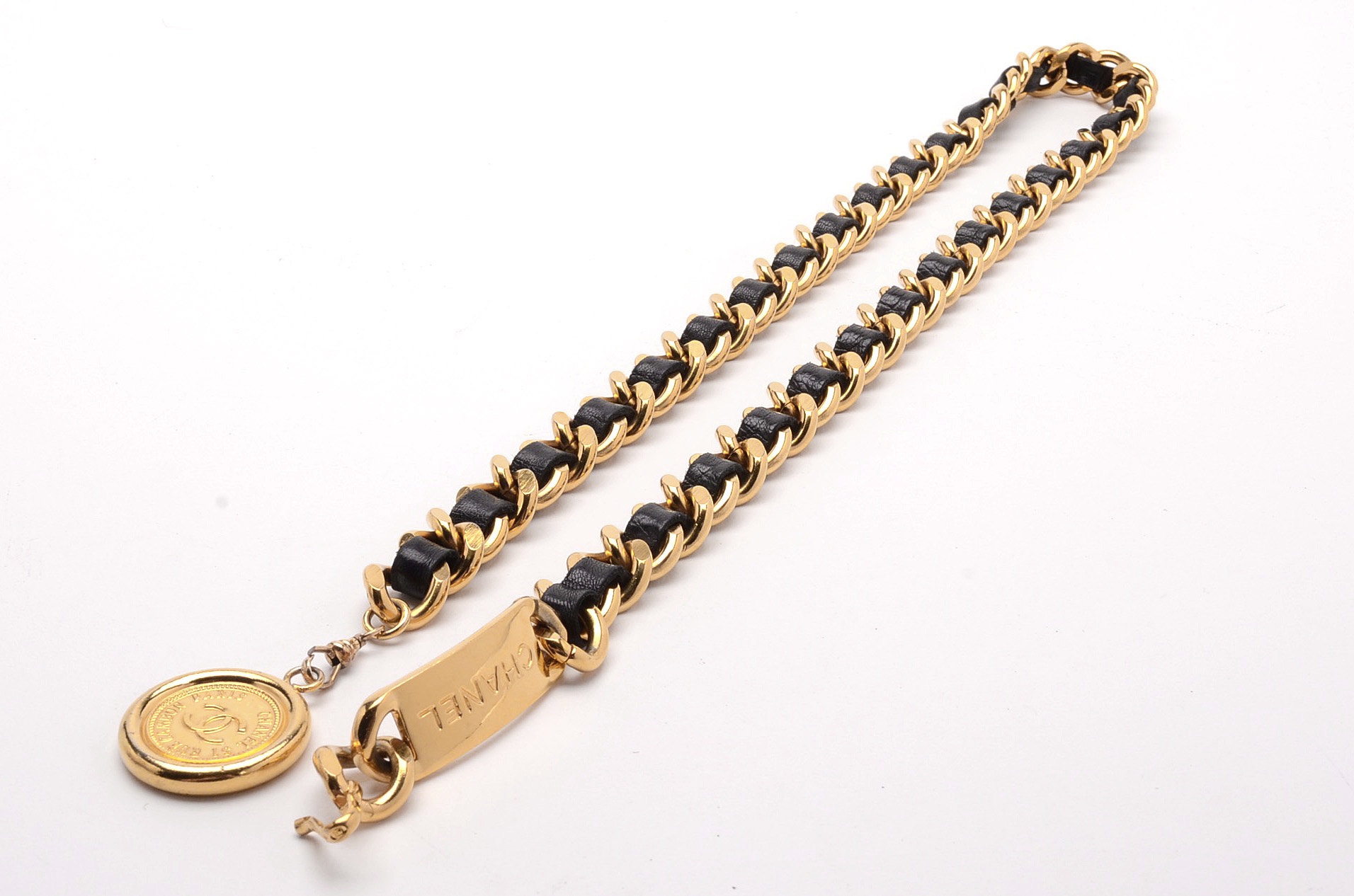Chanel French Signature Couture Collection Black Leather Belt Necklace with CC Logo Medallion