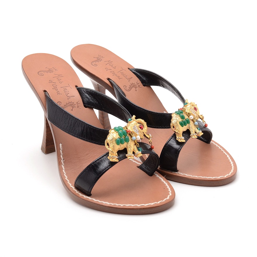 Miss Trish of Capri Black Leather Open Toe Slide Dress Sandals Embellished with Goldtone Textured Elephant Bejeweled with Cabochons and Beads