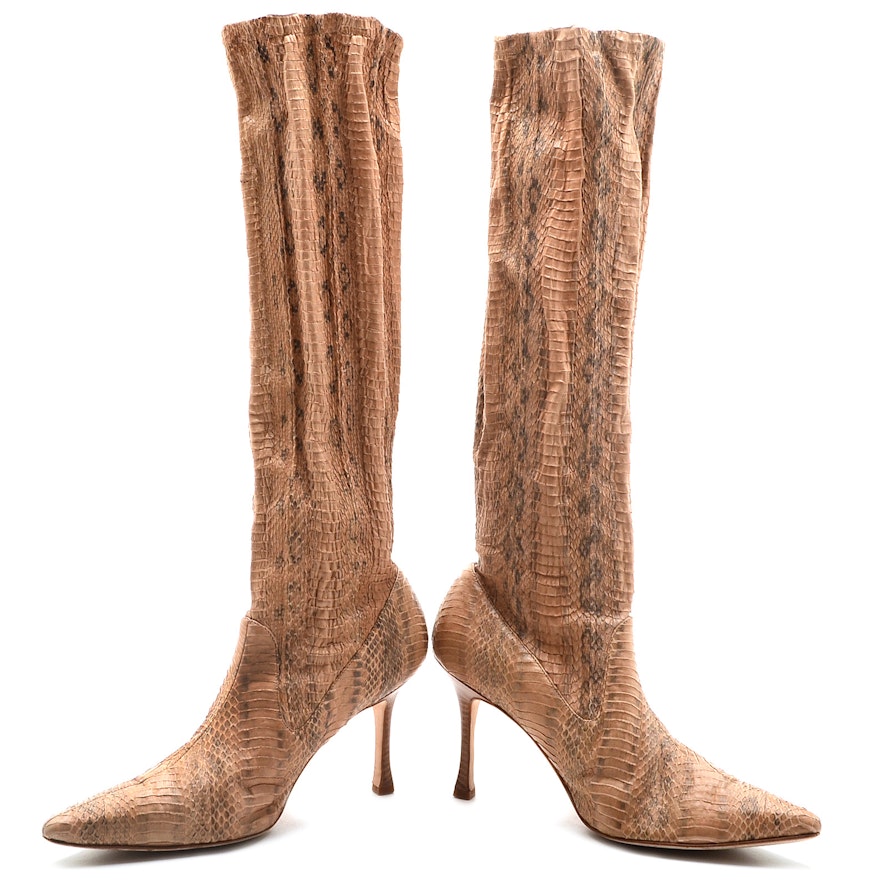 Pair of Manolo Blahnik Snakeskin Embossed Faux Leather Below-The-Knee Pull-Up Boots