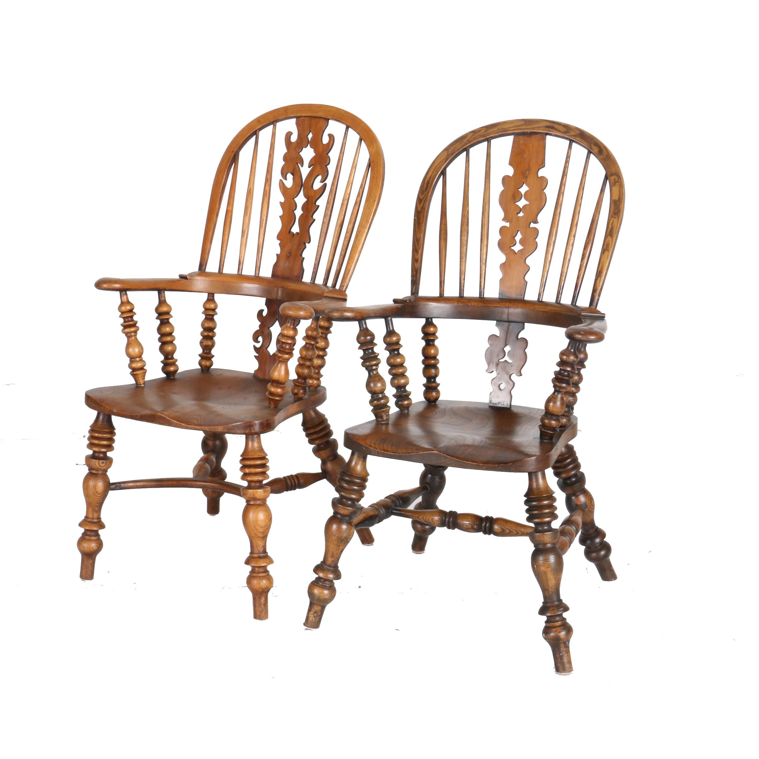 Pair of Robust Windsor Arm Chairs in Solid Oak
