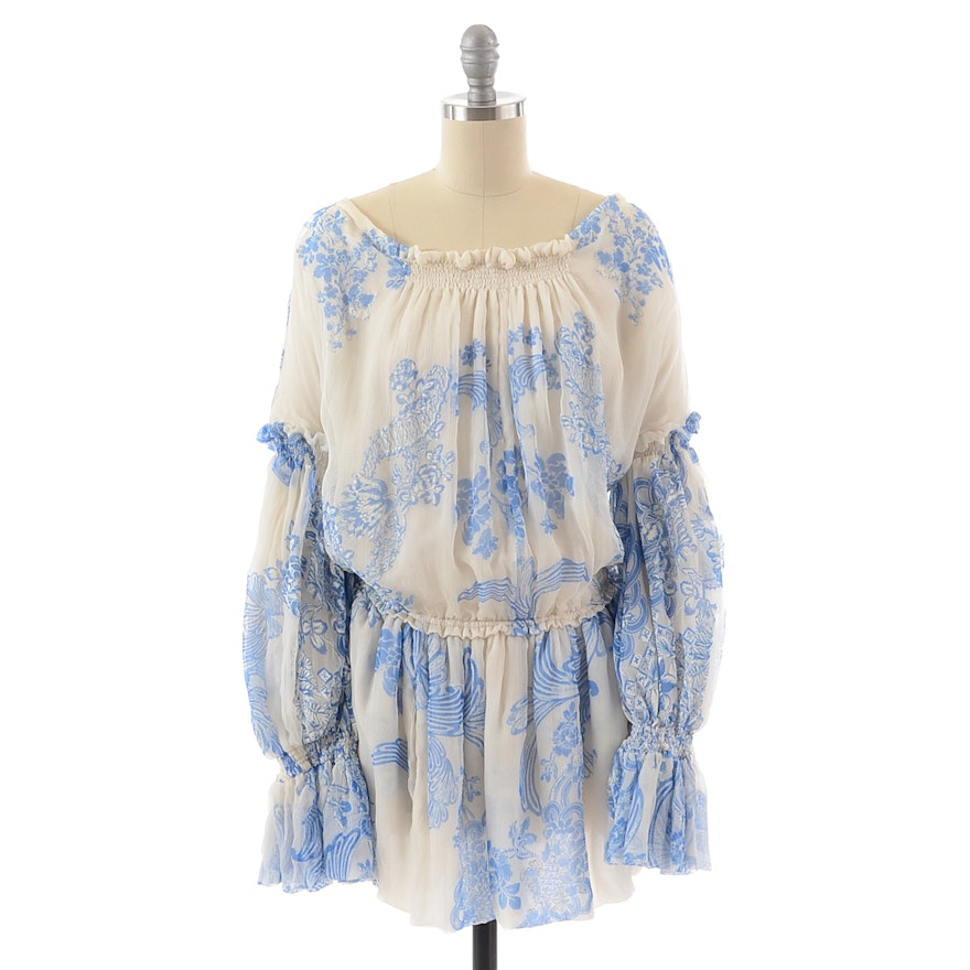 Roberto Cavalli Blue and Ivory Silk Crepe Chiffon Print Off-The-Shoulder Ruched Dress