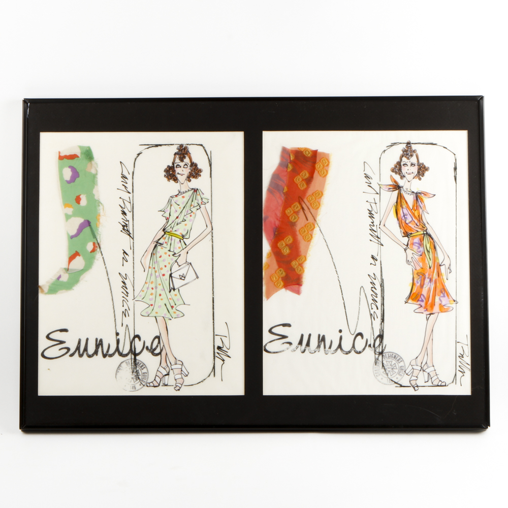 "Eunice" Ink on Paper Costume Sketches with Fabric Samples for Carol  Burnett