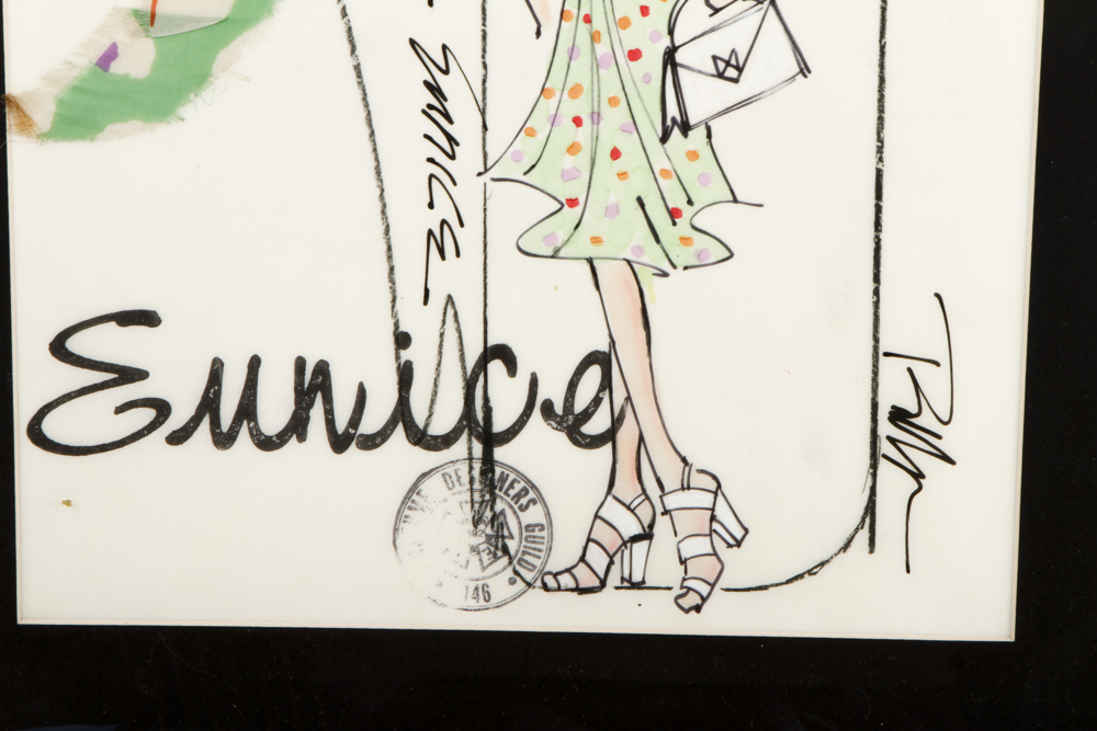 "Eunice" Ink on Paper Costume Sketches with Fabric Samples for Carol  Burnett