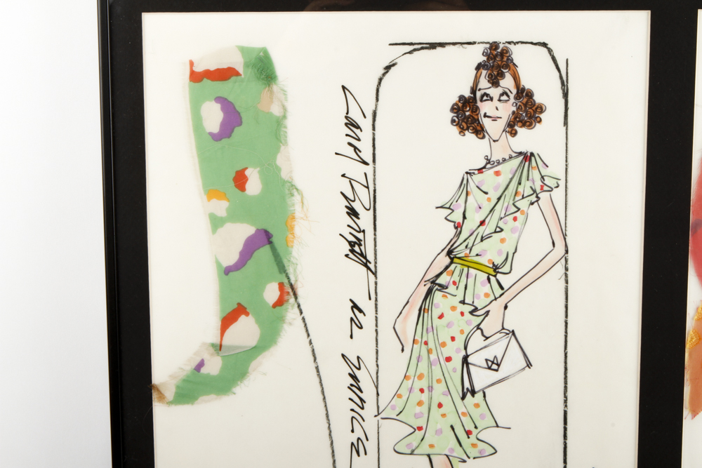 "Eunice" Ink on Paper Costume Sketches with Fabric Samples for Carol  Burnett