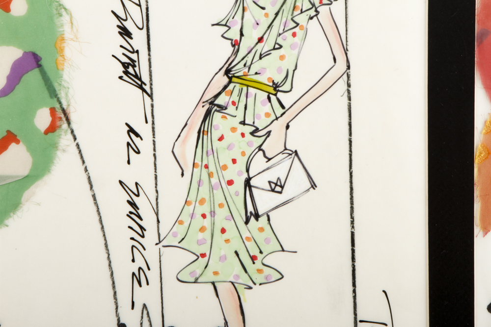 "Eunice" Ink on Paper Costume Sketches with Fabric Samples for Carol  Burnett