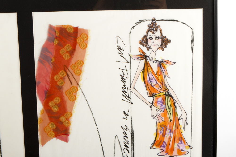 "Eunice" Ink on Paper Costume Sketches with Fabric Samples for Carol  Burnett