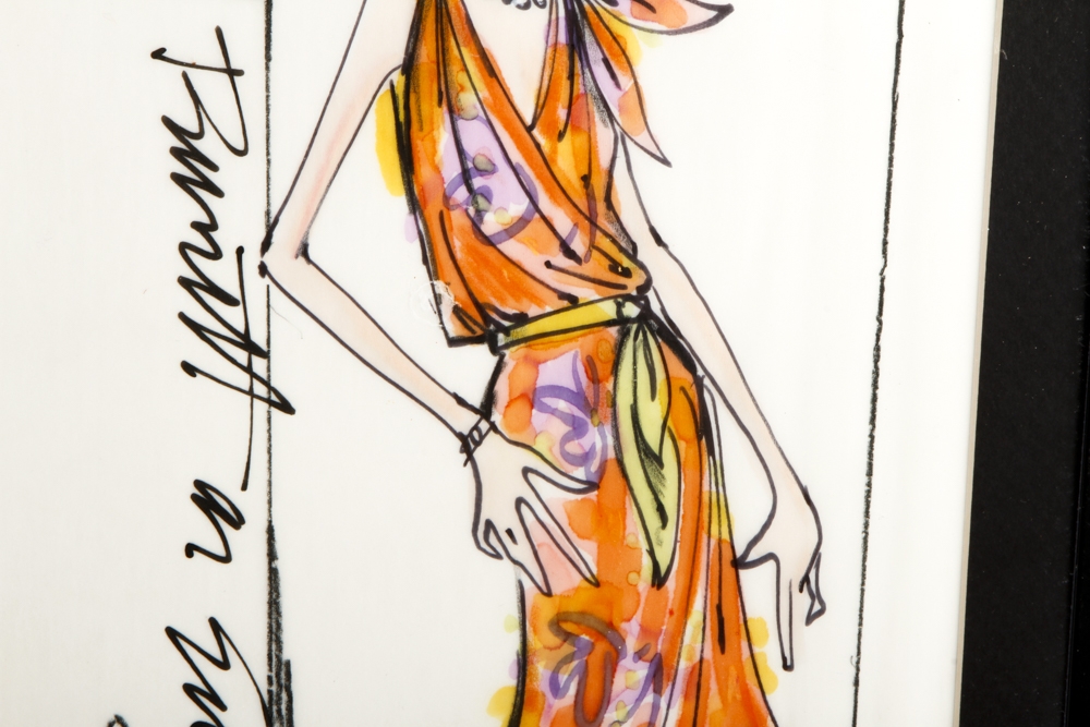 "Eunice" Ink on Paper Costume Sketches with Fabric Samples for Carol  Burnett