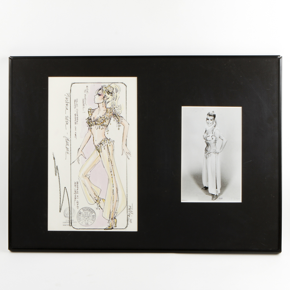 "Jeannie" Ink on Paper Costume Sketch with Photo of Barbara Eden in Outfit from 1985