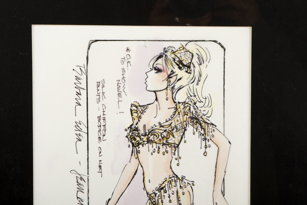 "Jeannie" Ink on Paper Costume Sketch with Photo of Barbara Eden in Outfit from 1985