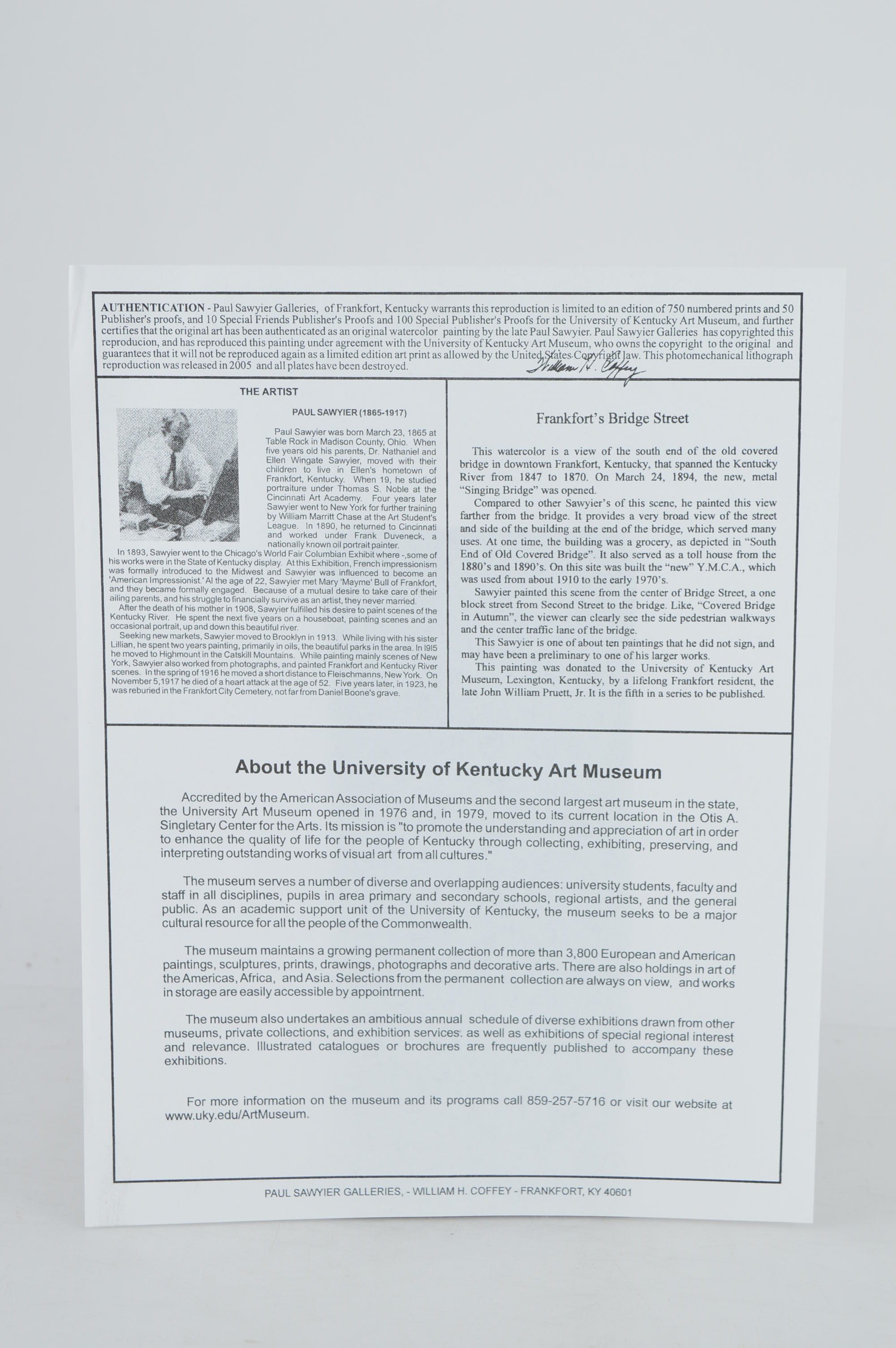 Paul Sawyier Limited Edition Prints "The Covered Bridge," "Frankfort's Bridge Street" and "Covered Bridge in Winter"