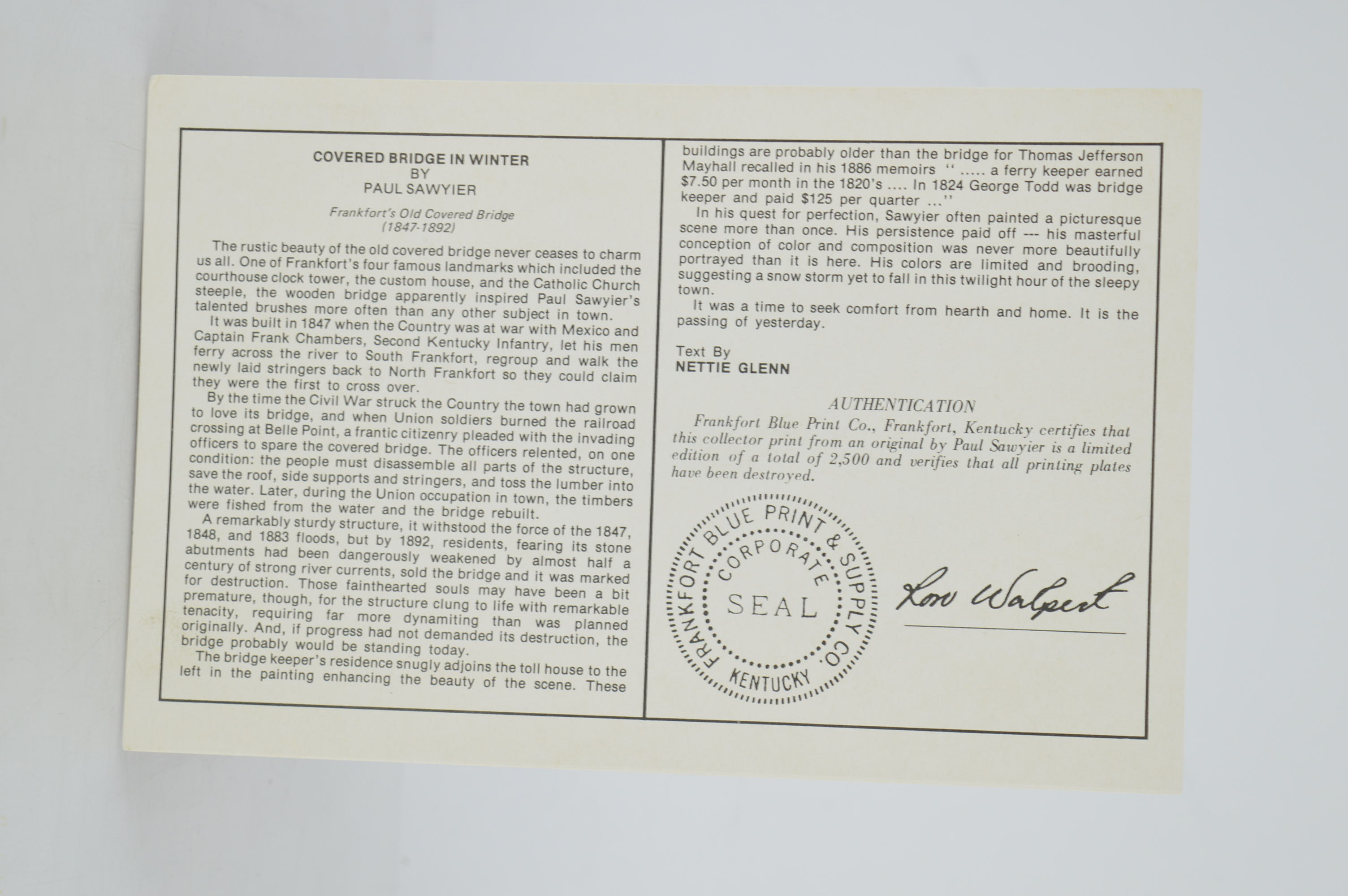 Paul Sawyier Limited Edition Prints "The Covered Bridge," "Frankfort's Bridge Street" and "Covered Bridge in Winter"