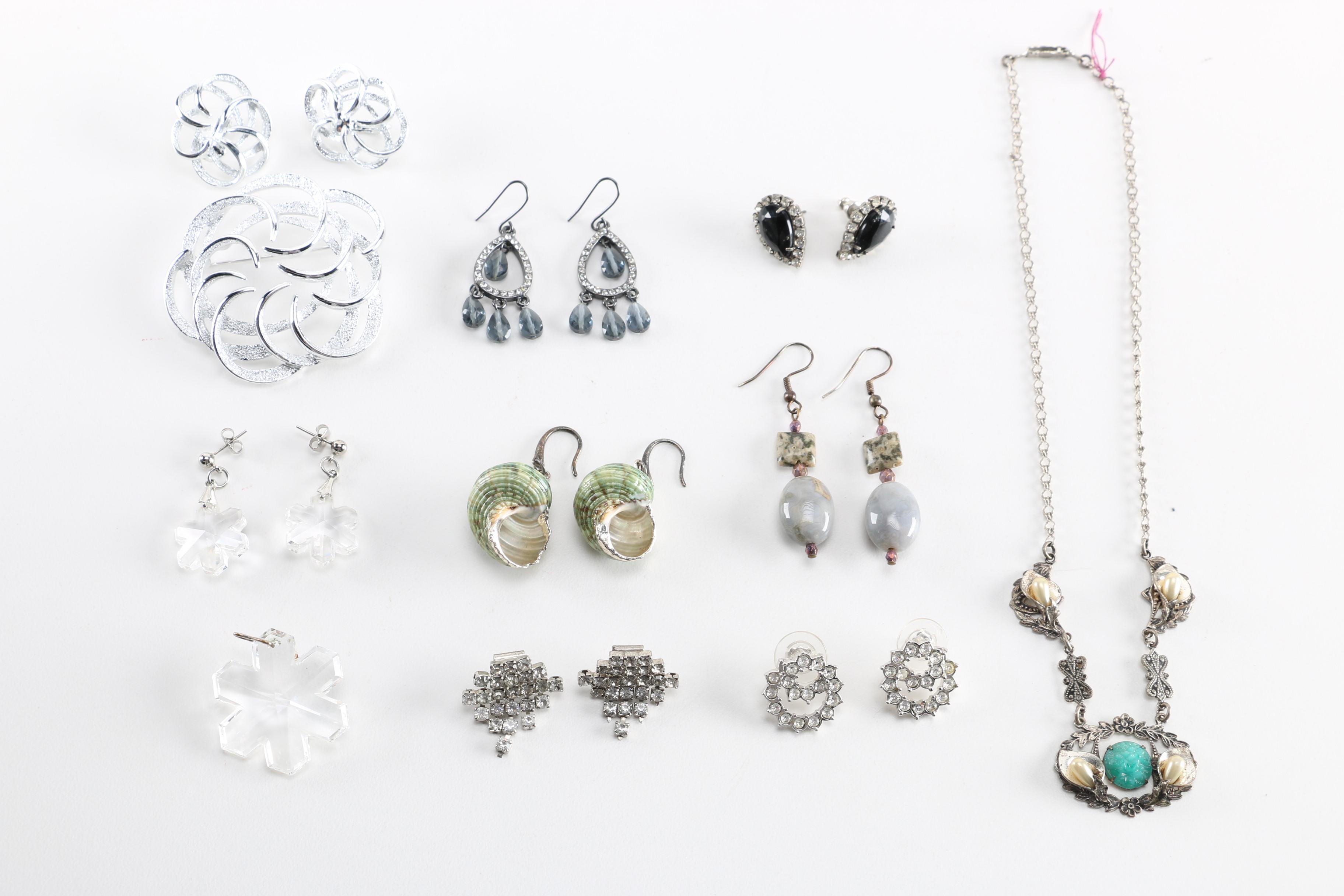 Assortment of Silver Tone Costume Jewelry Featuring Swarovski