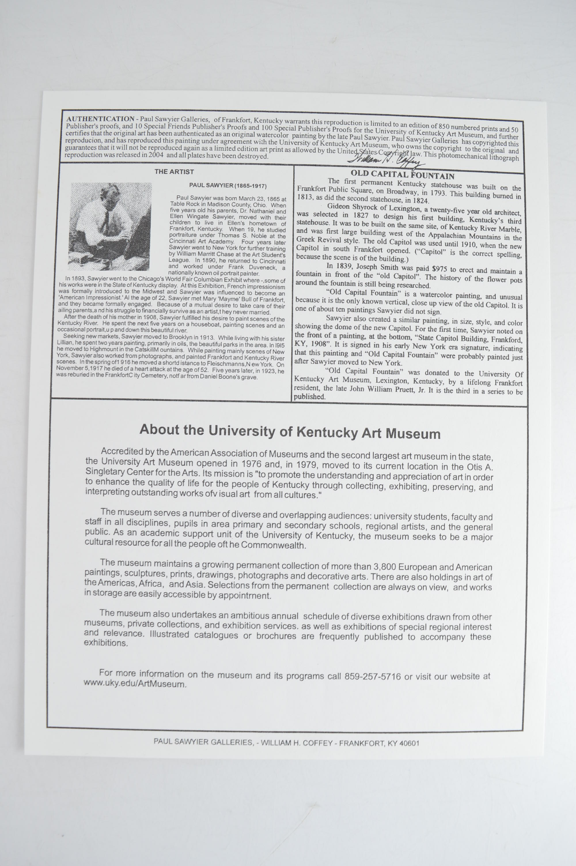 Paul Sawyier Limited Edition Prints "The Fountain," and "Old Capital Fountain"