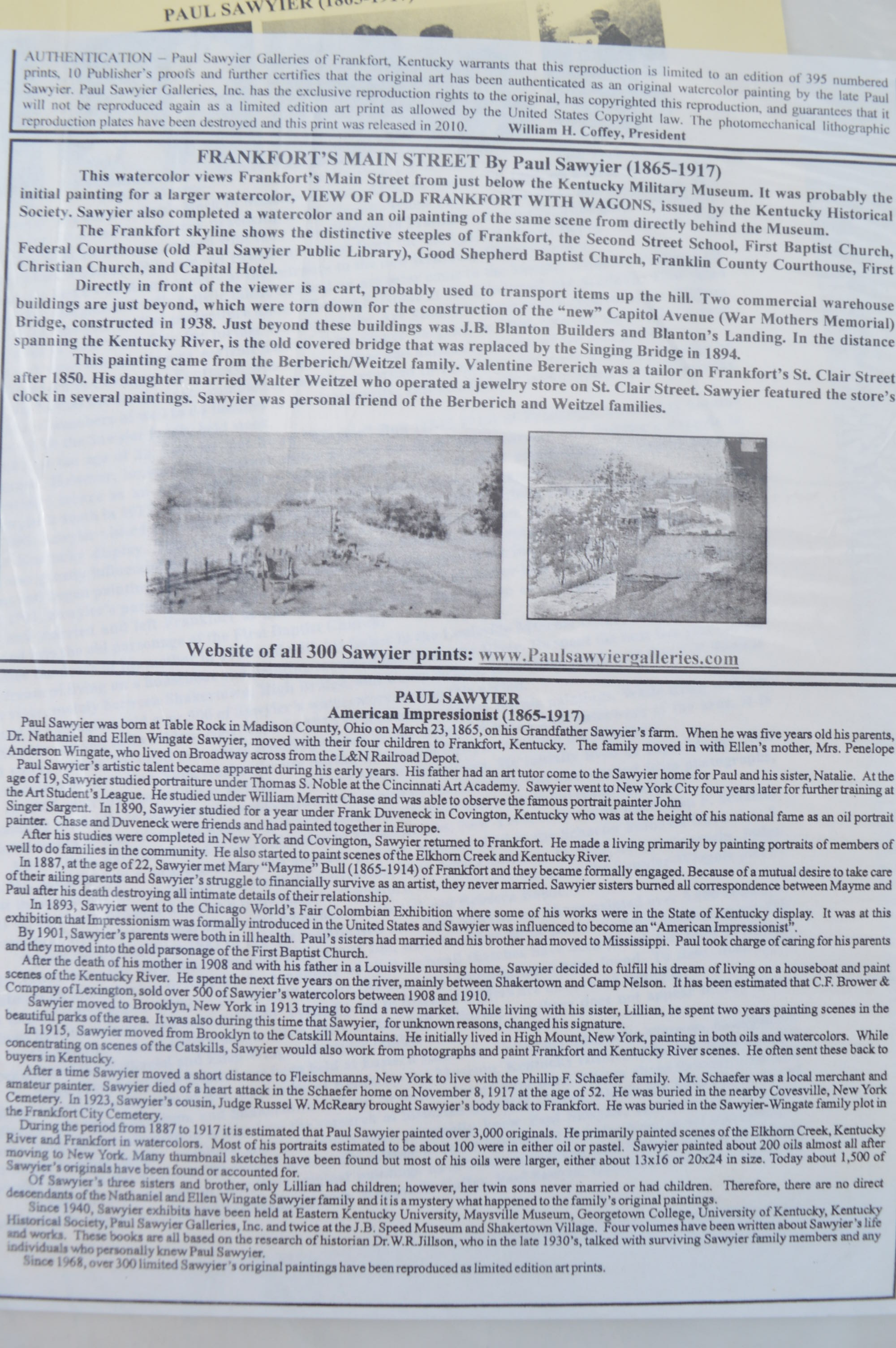 Paul Sawyier Limited Edition Prints "Frankfort's Main Street," and "Main Street, 1900"