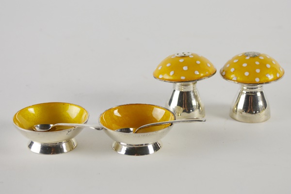 Sterling Silver and Enamel Mushroom Salt and Pepper Set, Condiment Bowls and Spoons