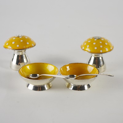 Sterling Silver and Enamel Mushroom Salt and Pepper Set, Condiment Bowls and Spoons