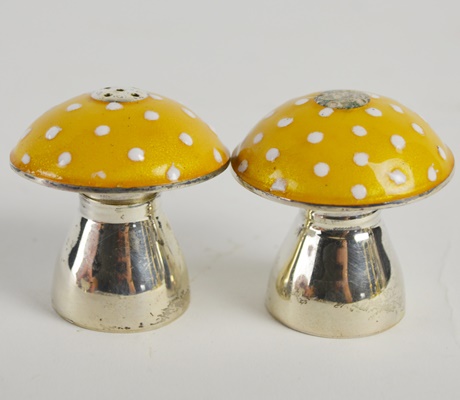 Sterling Silver and Enamel Mushroom Salt and Pepper Set, Condiment Bowls and Spoons