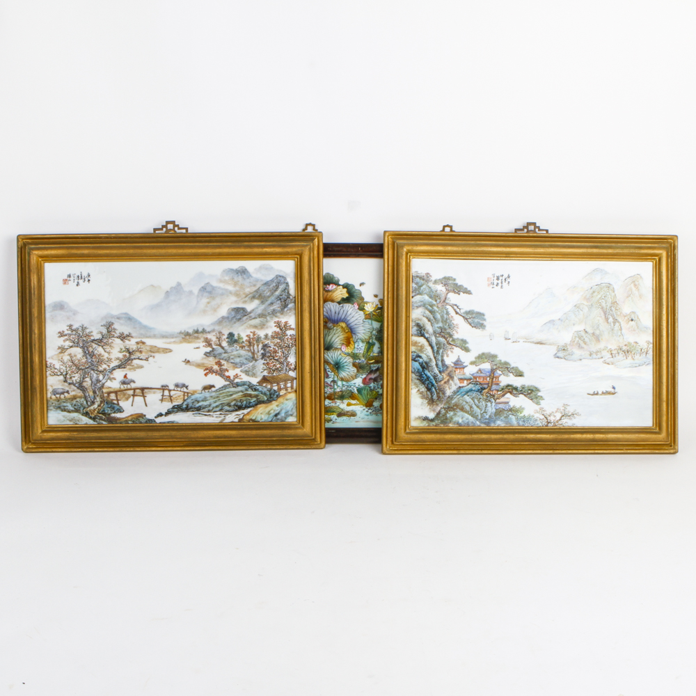 Collection of Chinese Paintings on Porcelain Tile With Two Signed "Yu Zhu Shan"