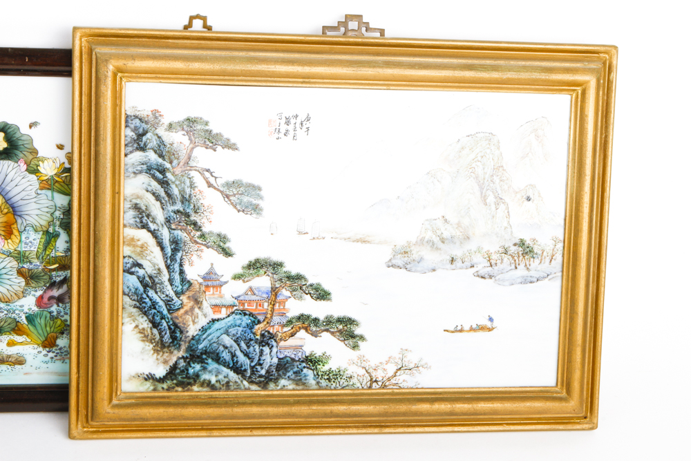 Collection of Chinese Paintings on Porcelain Tile With Two Signed "Yu Zhu Shan"