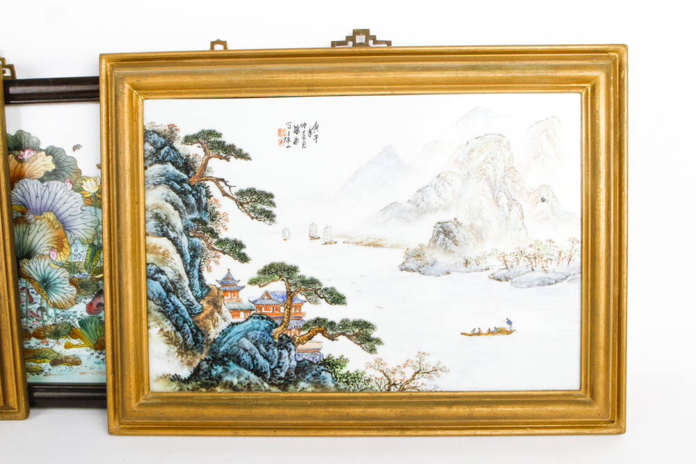 Collection of Chinese Paintings on Porcelain Tile With Two Signed "Yu Zhu Shan"