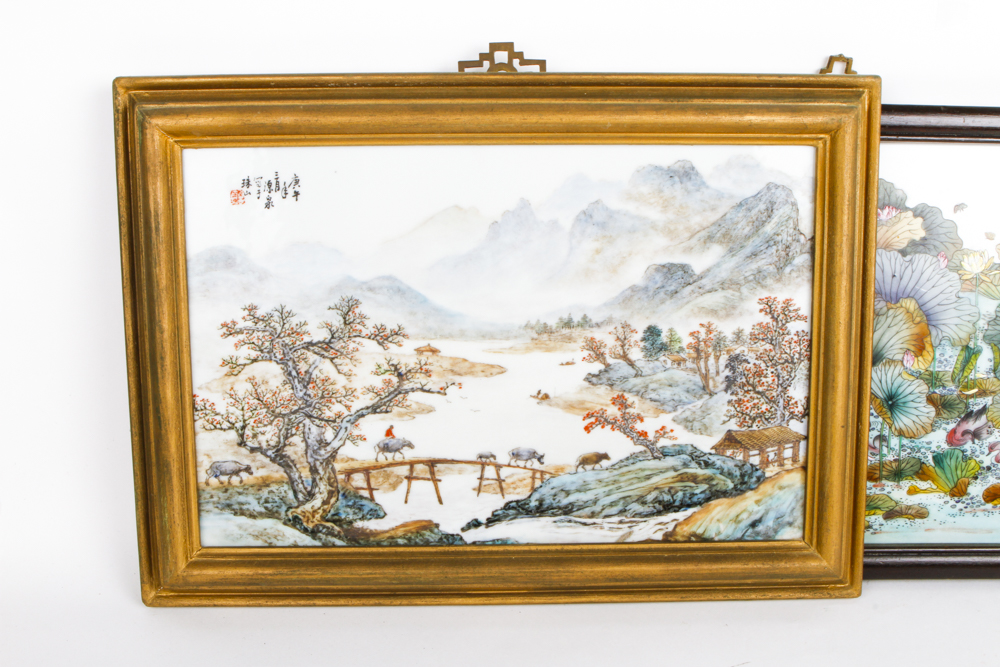 Collection of Chinese Paintings on Porcelain Tile With Two Signed "Yu Zhu Shan"