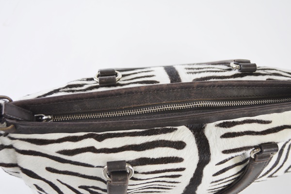 Prada Calf Hair Brown Ecru Zebra Leather Handbag