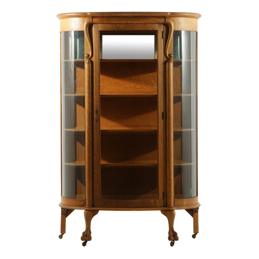 Antique Oak Display Cabinet with Curved Glass