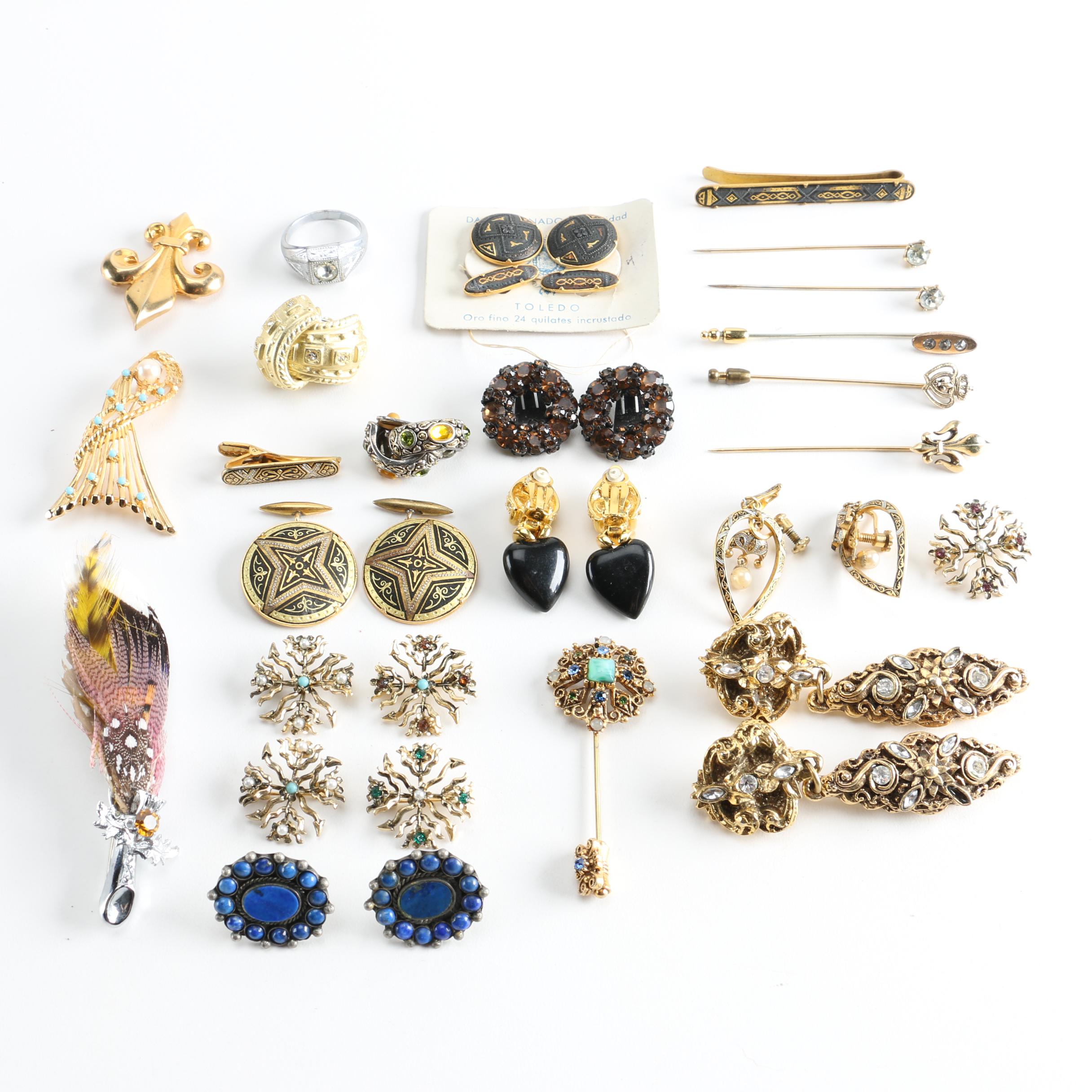 Assortment of Edwardian and Damascene Costume Jewelry