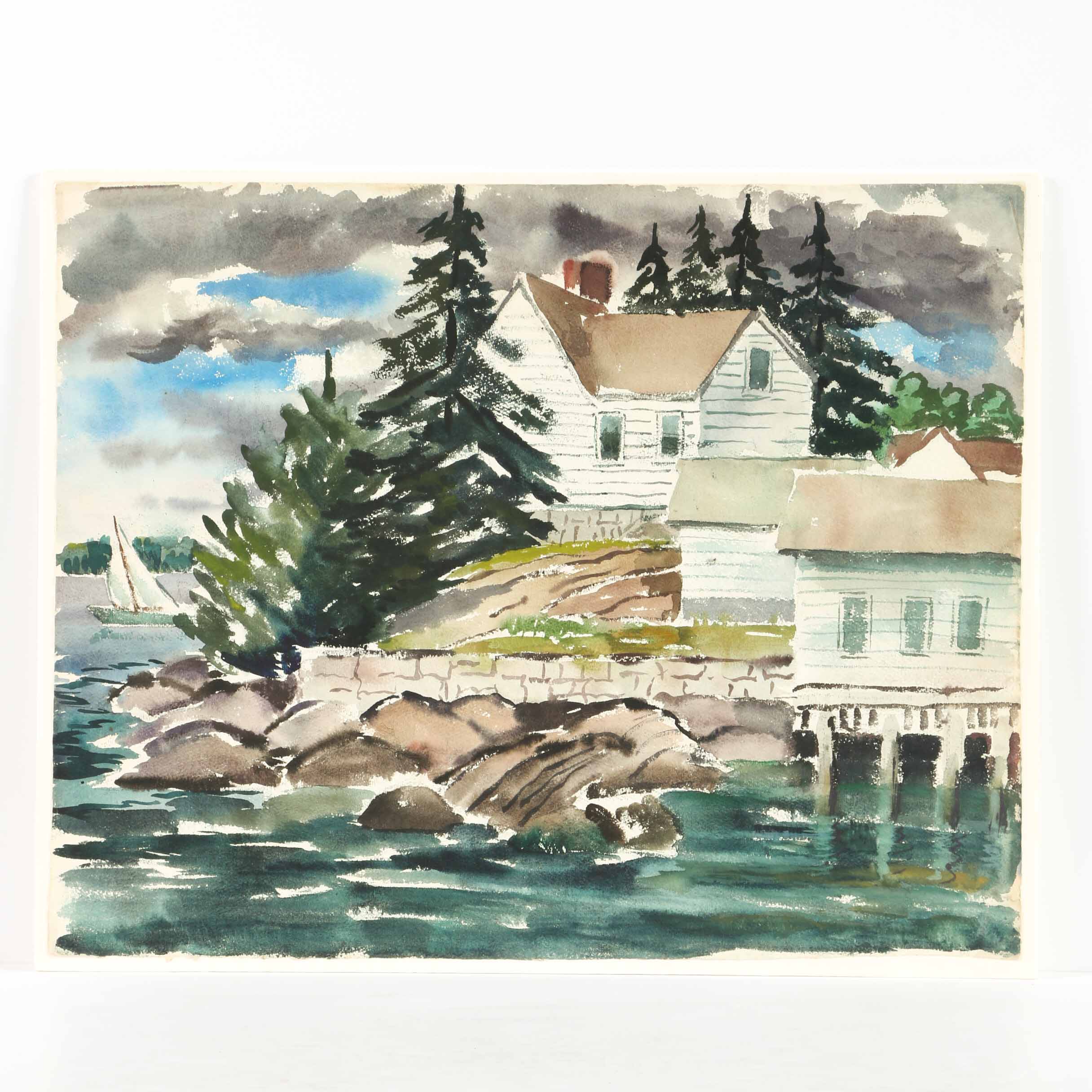 Arthur Helwig Watercolor on Paper of a House Along the Water