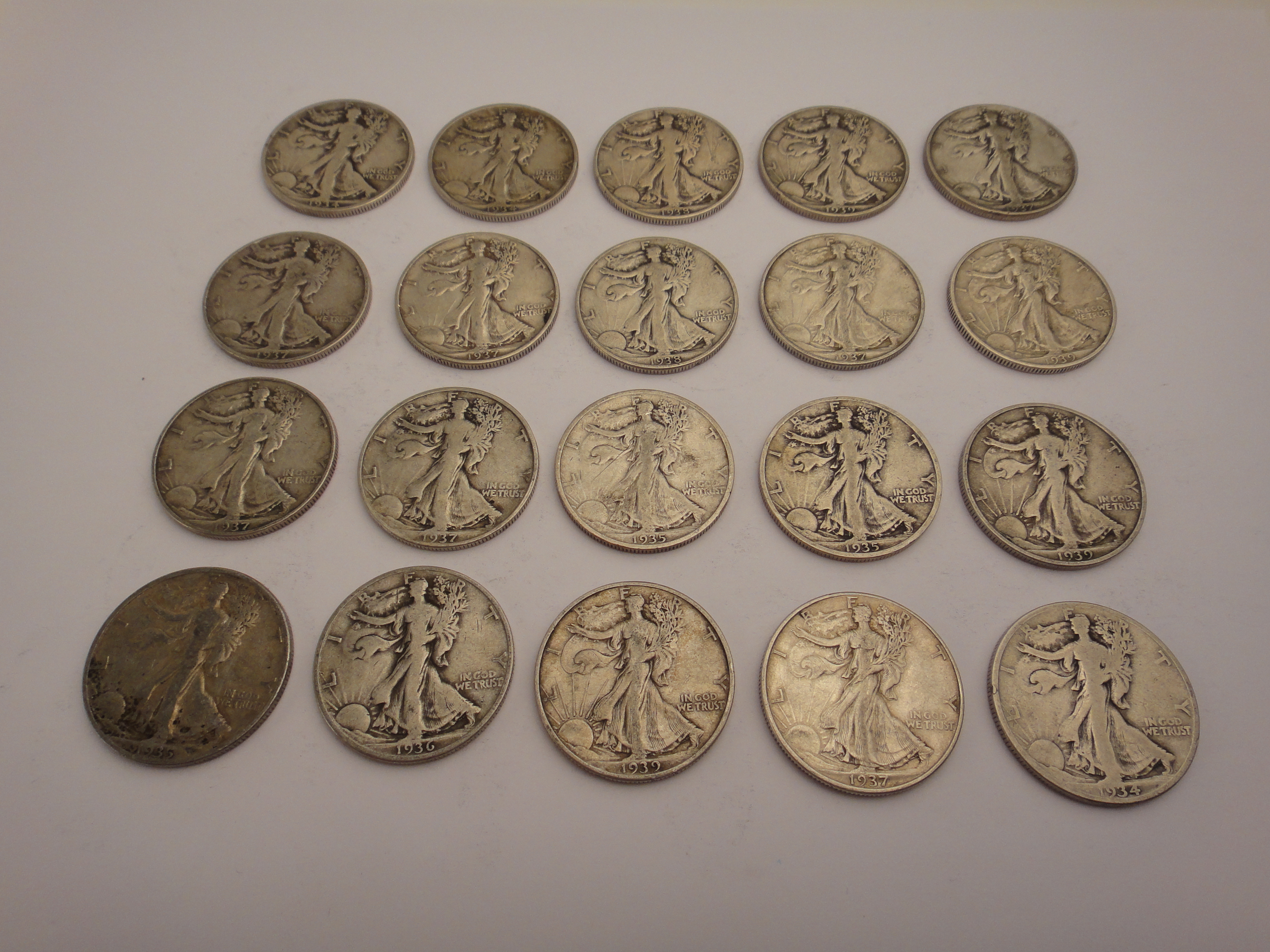 20 Silver Walking Liberty Half Dollars 1930s