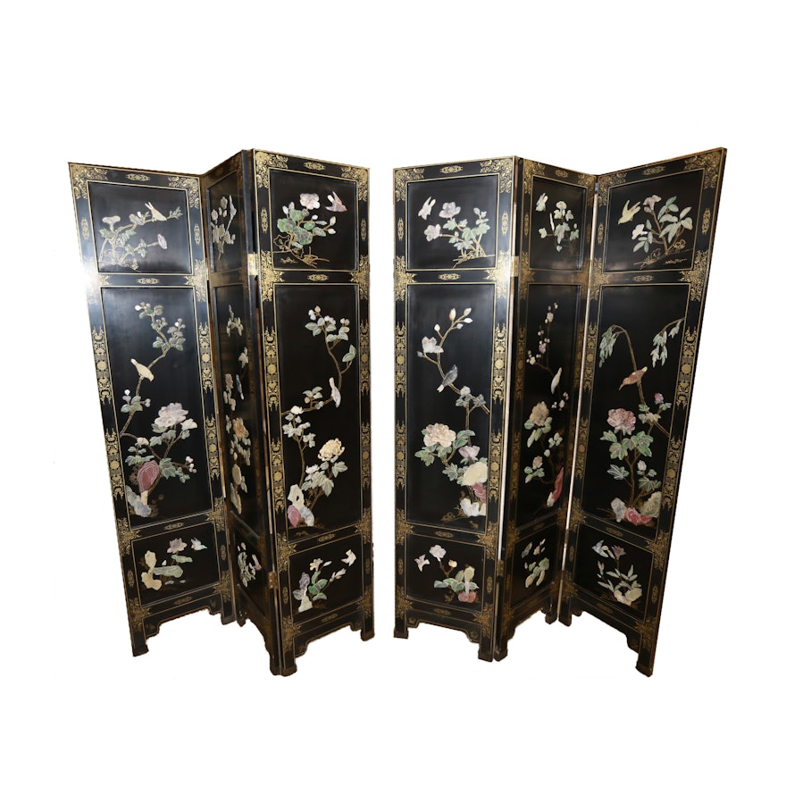 Pair of Painted Wooden Chinese Folding Screens