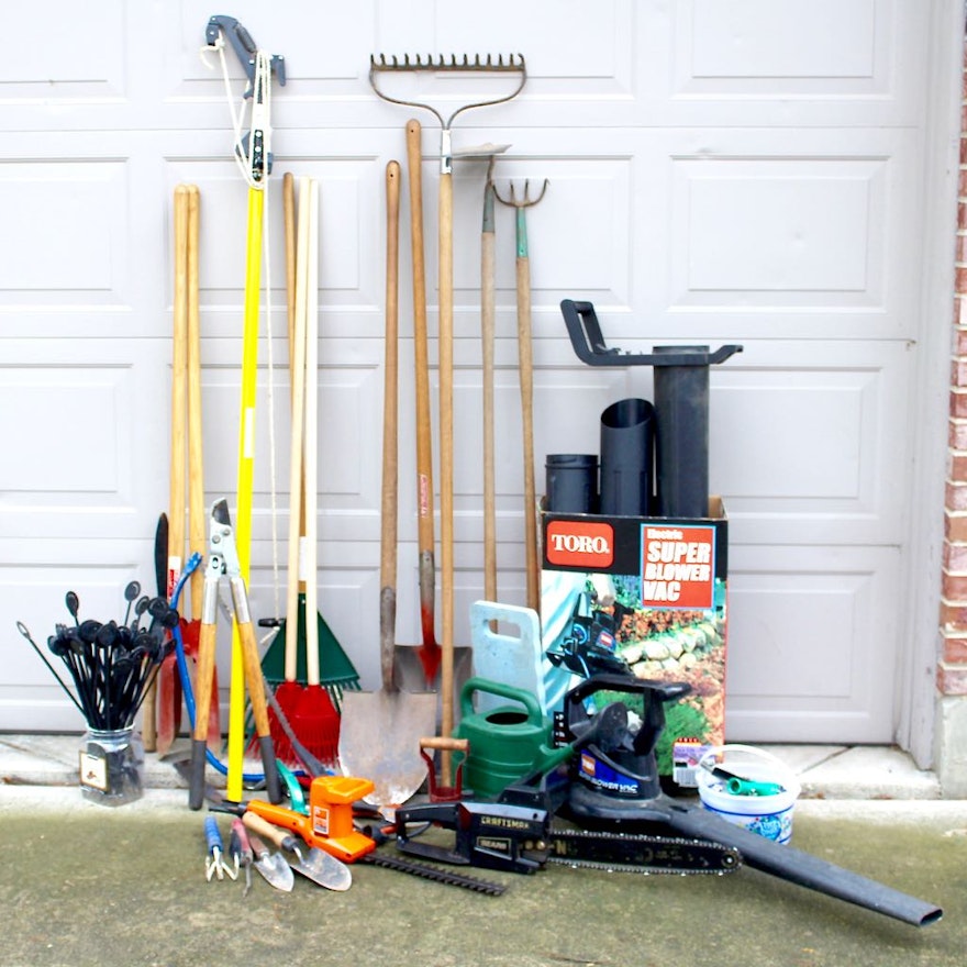 Gardening Tools Including Toro "Blower Vac," Shovels, Rakes, and More