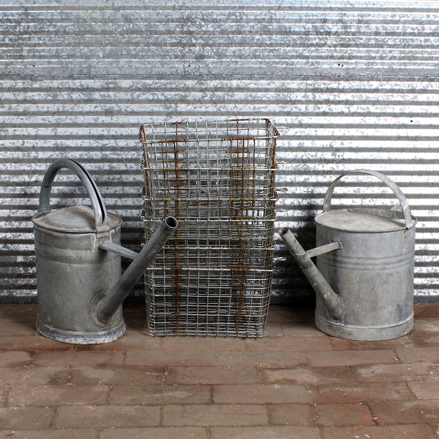 Six Vintage Metal Fruit Baskets and Two Watering Cans