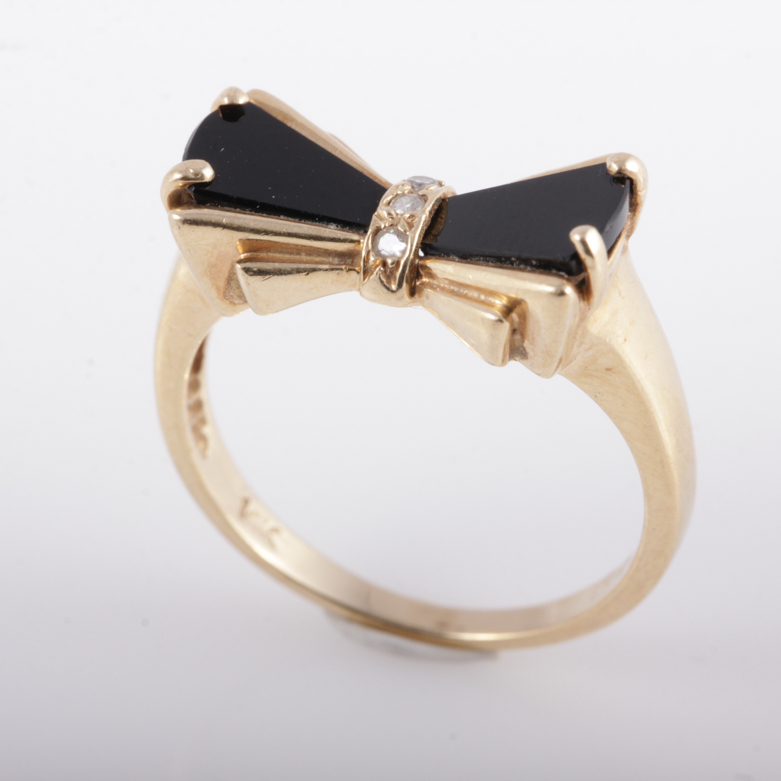14K Yellow Gold, Onyx, and Diamond Bow Ring