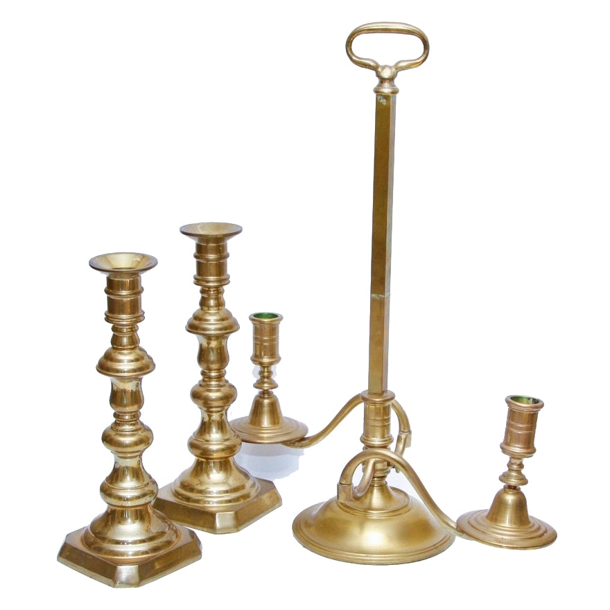 Pair of Turned Brass Candlesticks with Folding Candelabra