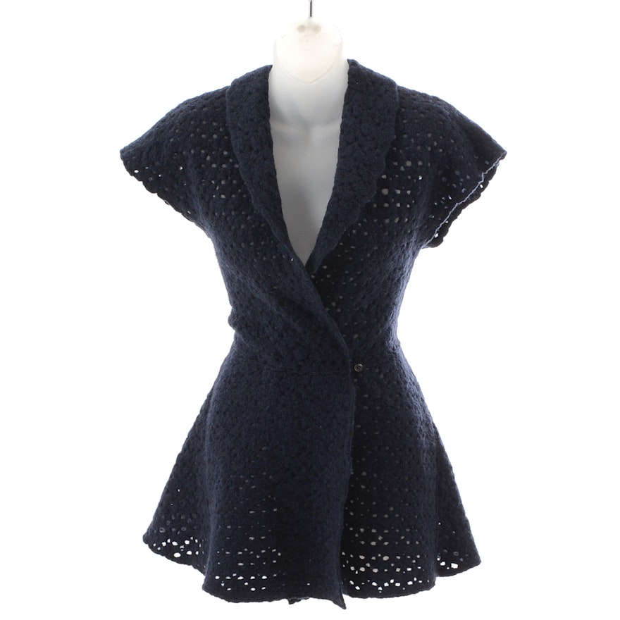 Alaïa of Paris Midnight Blue Open Knit Boiled Lana Wool Blend Sleeveless Peplum Jacket