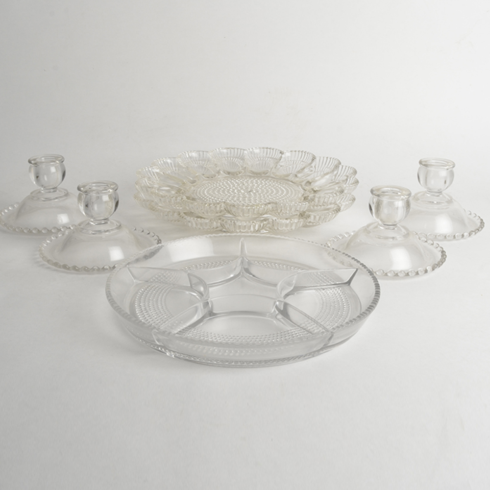 Group of Vintage Colorless Molded Candlesticks and Tableware