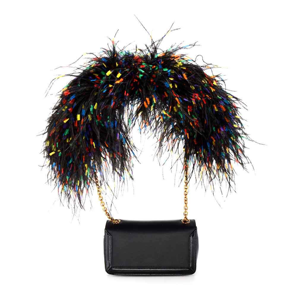 Christain Louboutin of Paris Artemis Black Calf Leather Shoulderbag with Ostrich Feathers, New with Tag