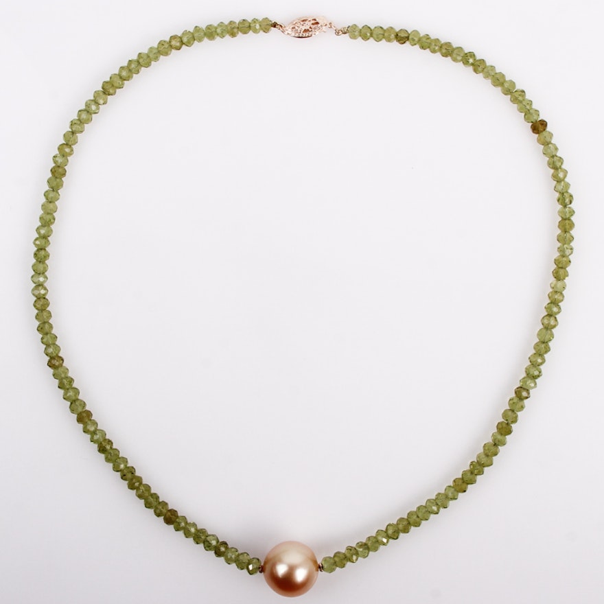 Peridot and Pearl Necklace with 14K Yellow Gold Closure