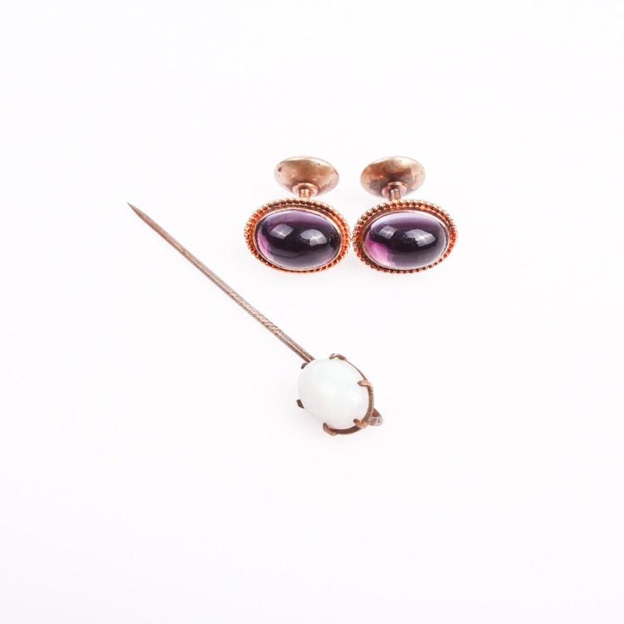 Vintage 14K Yellow Gold and Amethyst Cufflinks with Opal Stick Pin