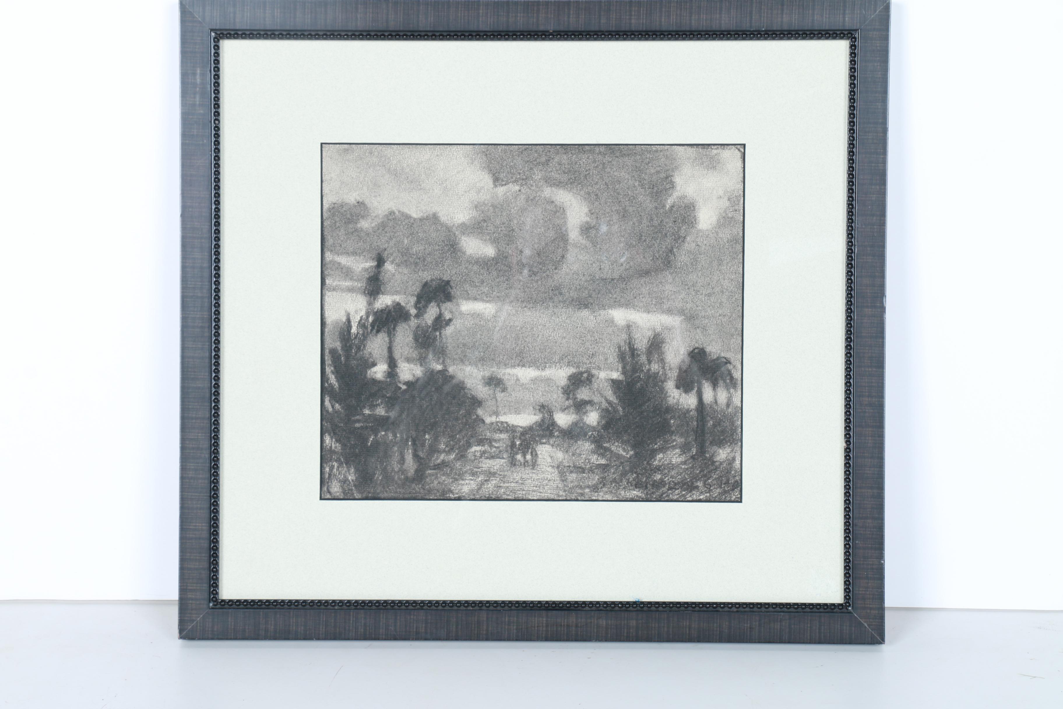 Original Charcoal Landscape "Palms in Fl" by Kenneth Gayoso How