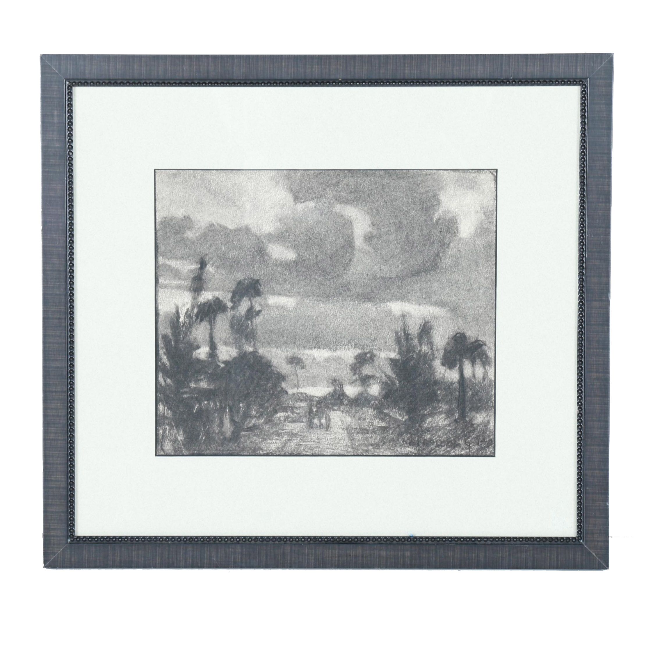 Original Charcoal Landscape "Palms in Fl" by Kenneth Gayoso How